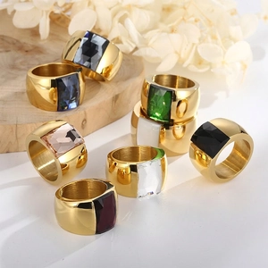 Wide Band Ring Titanium Steel Large Rectangular Glass Stone Geometric Inlaid Luxurious Boho Jewelry For Women Men Unisex