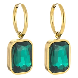 Gold plated stainless steel hoop earrings with emerald green rectangular zircon pendants