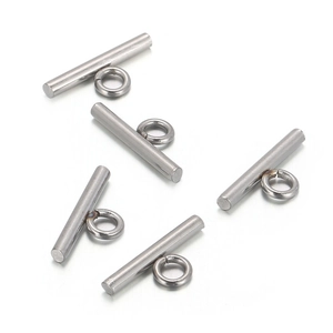 Detailed view of silver stainless steel T-bar jewelry clasps for DIY necklaces and bracelets