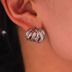 Polished silver stainless steel C-shaped earring with multi-layer line winding design
