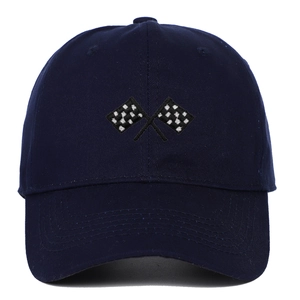 Detail of navy blue cotton baseball cap with embroidered racing checkered flags on front