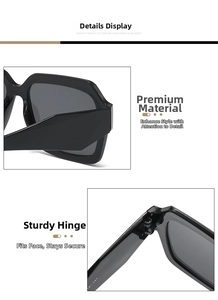 Detail view of glossy square sunglasses frame featuring durable hinges and 16-141 spec