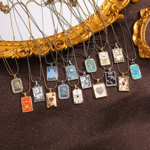 Vintage tarot card square pendants in gold and silver with colorful enamel designs
