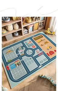 Detailed city traffic road map play mat for kids with parking lot and farm patterns