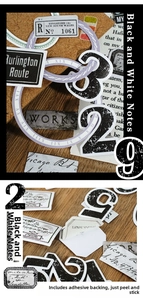 Detail of vintage black and white decorative stickers with gold foil and retro labels