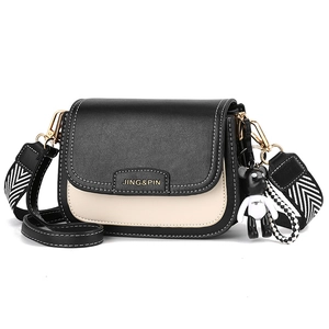 Women Crossbody Bag PU Leather Small Square Color Contrast Shoulder Bag With Bear Pendant Dual Straps