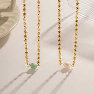 French Vintage 18K Gold Plated Stainless Steel Necklace With Natural Stone Freshwater Pearl Oval Bead Chain For Women