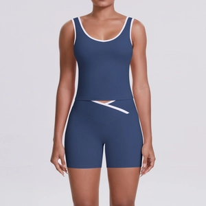 Ensemble de yoga bleu marine pour femme avec taille croisée et bordure contrastée
