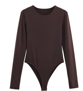 Detail view of dark brown long-sleeve bodysuit with round neck and premium elastic fabric