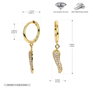 Detailed size specifications for gold S925 sterling silver chili pepper dangle earrings