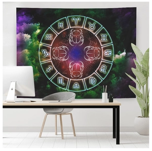 Detail of mystical zodiac tapestry featuring luminous scarabs and cosmic celestial patterns