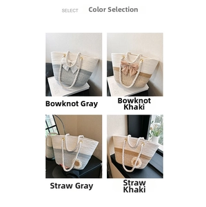 Detail view of woven tote bag styles with bow and straw flower accents in grey and khaki