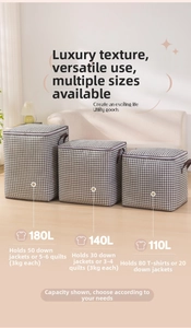 Detailed view of houndstooth storage bags in 180L, 140L, and 110L sizes with handles