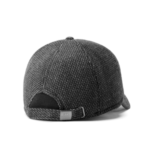 Close-up of winter baseball cap back with adjustable metal buckle and warm knit texture