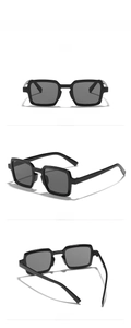 Multi-angle view of vintage black square sunglasses featuring dark grey lenses and polished frames