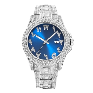 Luxury iced out men's silver watch with blue dial and Arabic numerals and date window