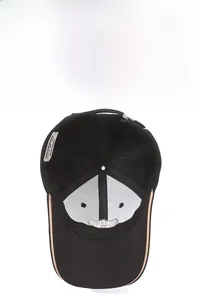 Close-up of the internal structure of a black baseball cap with breathable lining and labels