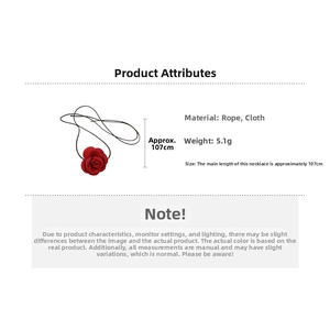 Detail of red fabric rose necklace with 107cm black rope and 5.1g weight specs