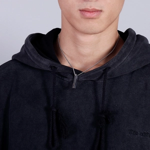 Polished silver square bar necklace on male model with minimalist steel pendant design