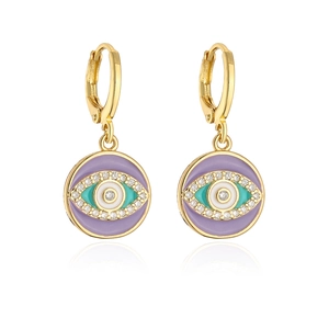 Detail of 18K gold plated hoop earrings with purple evil eye enamel and zircon stones
