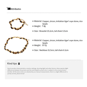 Detailed size and material chart for vintage beaded tiger eye and zircon jewelry set