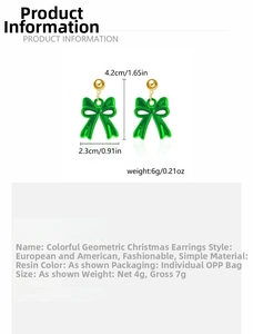 Detailed size specifications for green resin bow earrings with gold studs for Christmas