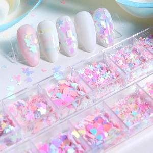 12-grid holographic nail art sequins kit with star butterfly heart shapes for manicure decoration