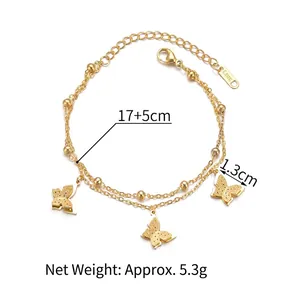 Bracciale a doppio strato con farfalle in acciaio inossidabile placcato oro 14K, 17+5cm