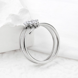Minimalist silver double band stainless steel ring with three clear cubic zirconia stones