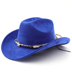 Detail of royal blue cowboy hat with ethnic beads, metal stars and faux suede texture