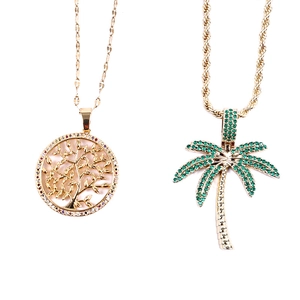 Gold-plated tree of life and green cubic zirconia coconut palm pendants on gold chains