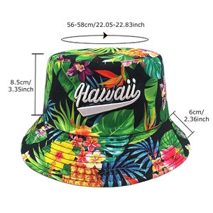 Black bucket hat with tropical floral print and Hawaii embroidery for outdoor sun protection