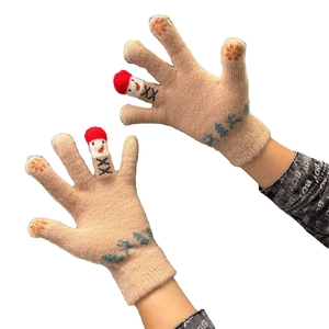 Light brown knitted snowman gloves with touchscreen tips and warm fleece lining