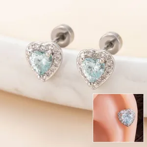 Heart Zirconia Stud Earrings Light Blue Titanium Steel Screw Back Cartilage Piercing Jewelry Elegant Women