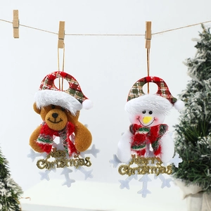 Plush Christmas bear and snowman ornaments with Merry Christmas sign and snowflakes