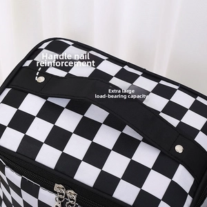 Detail of checkered travel bag featuring reinforced silver rivets and dual zipper closure