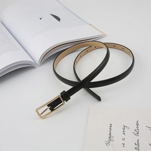 Detail of slim black leather belt with a polished gold rectangular metal pin buckle