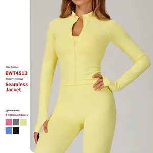 Women's Seamless Stand Collar Yoga Jacket Full Zip Slim Fit Athletic Running Sports Jacket With Thumbholes Nylon Spandex Top