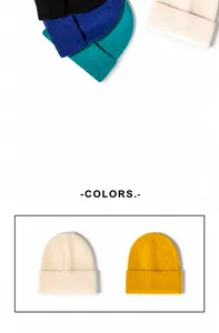 Close-up of ribbed knit texture on various winter beanies showing detail and quality