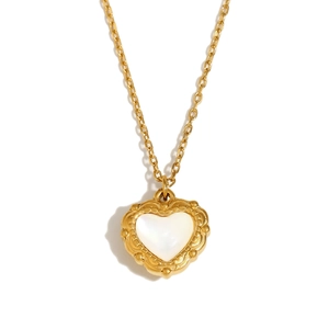 Vintage 18K gold plated stainless steel heart necklace with white mother of pearl inlay