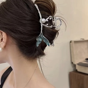 Elegant silver fishtail hair claw with blue enamel and pearl for woman hair styling