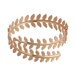 Elegant gold leaf branch upper arm cuff bracelet with double layer spiral design