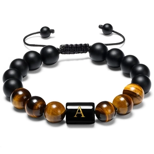 Pulsera Cuentas Piedra Ojo De Tigre Ágata Negra Mate Letra Inicial Ajustable Hecho A Mano Trenzado Joyería Hombres Mujeres