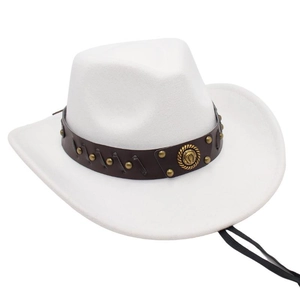 Detail of white cowboy hat featuring leather band with gold studs and horseshoe emblem
