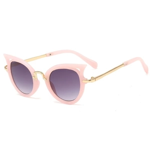 Pink cat-eye sunglasses for kids with gold metal temples and purple gradient lenses