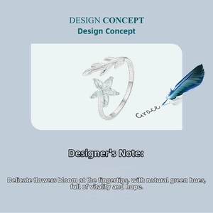 Detail of S925 sterling silver ring with small green flower and delicate leaf pattern