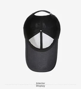 Interior view of black baseball cap showing reinforced front panel and neat stitching