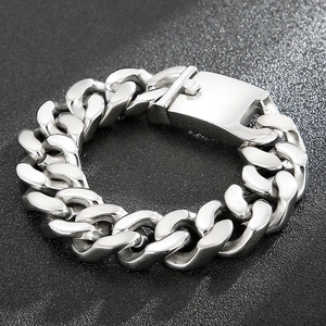 Polished silver stainless steel Cuban link bracelet with secure square buckle clasp