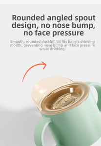 Detail of the rounded beveled rim design on a mint green toddler training cup