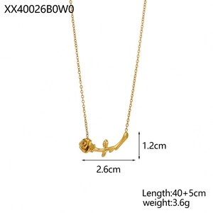 Detailed view of golden rose flower pendant necklace with size labels and dimensions